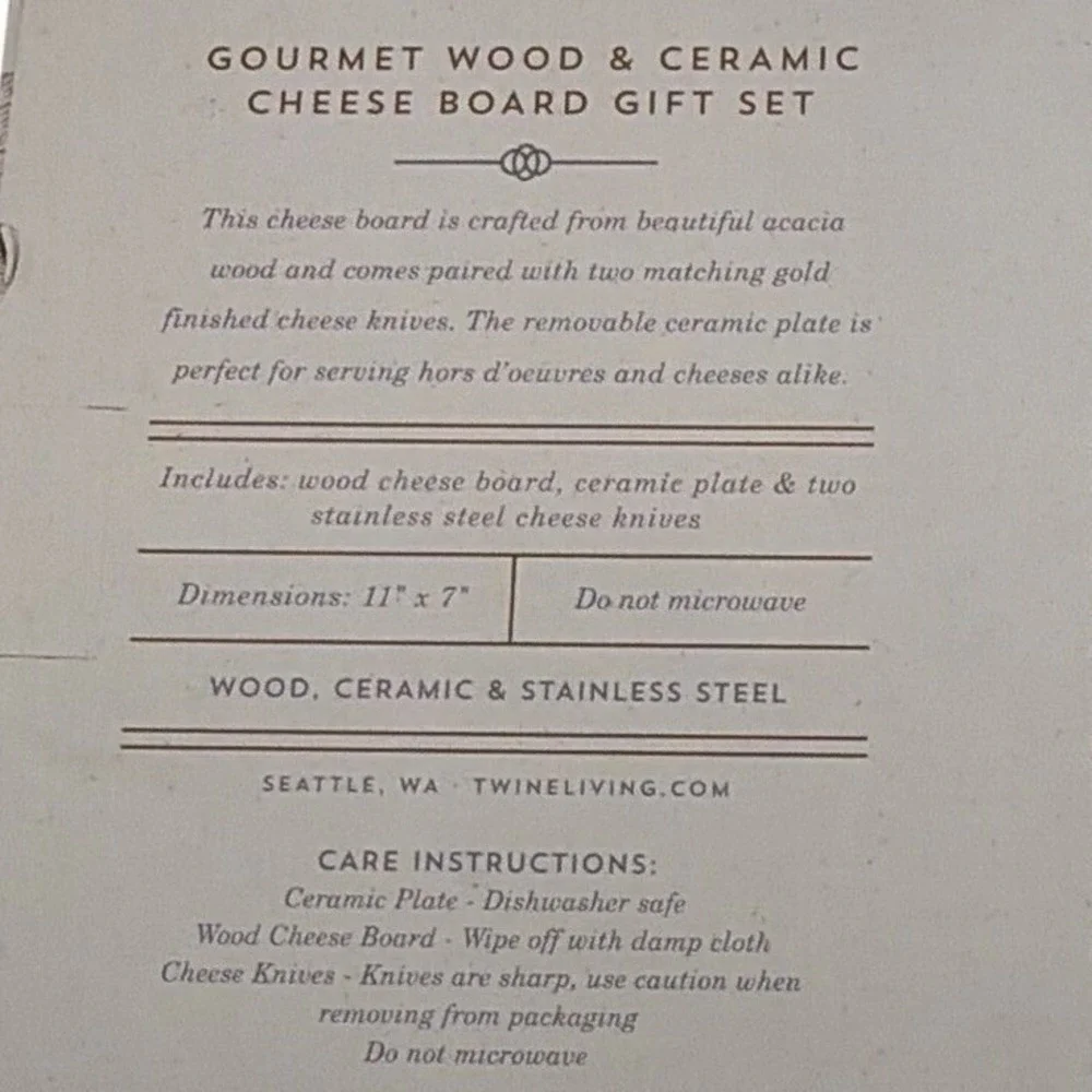 Twine Living Co Gourmet Wood & Ceramic Cheese Board Gift Set –‎ New